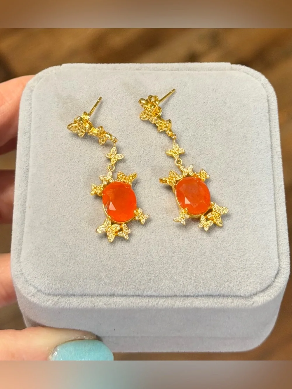 Natural Carnelian 3CT w/ Zircon in 18K Yellow Gold butterfly Dangle Earrings